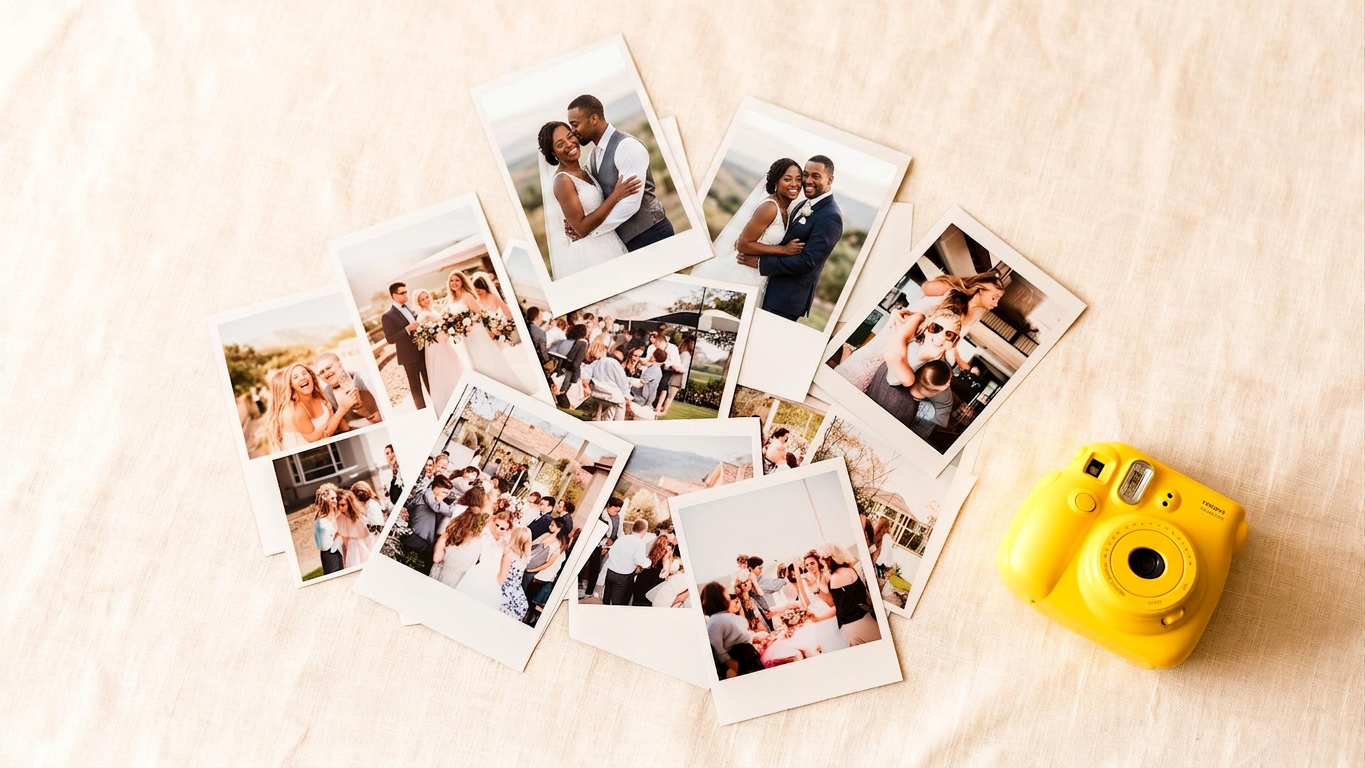 Printed event photos scattered on linen with a yellow disposable camera